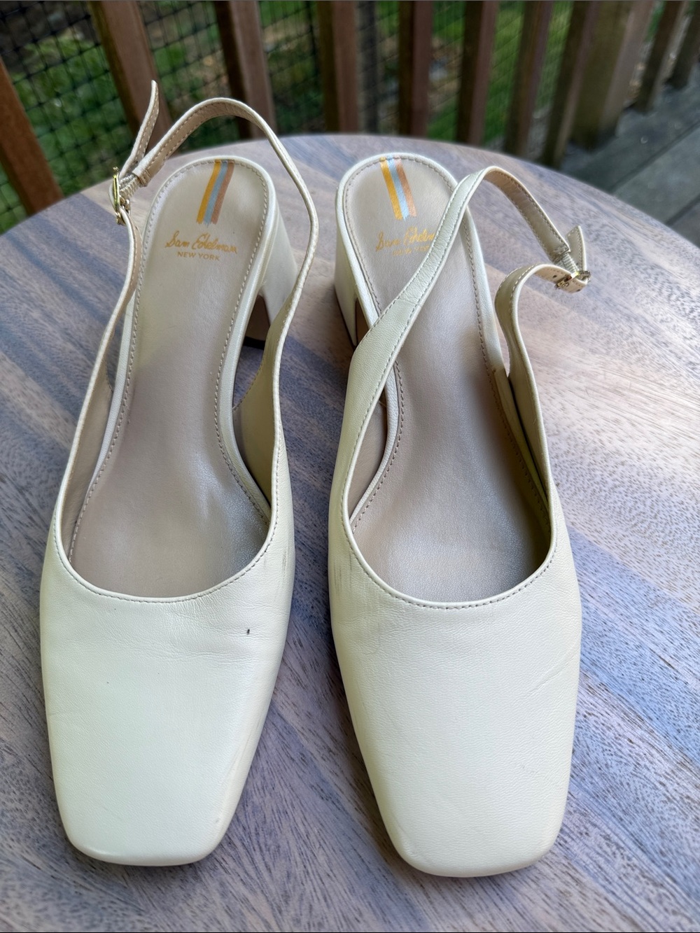 Sam Edelman Cream Square-Toe Slingback Block Heels